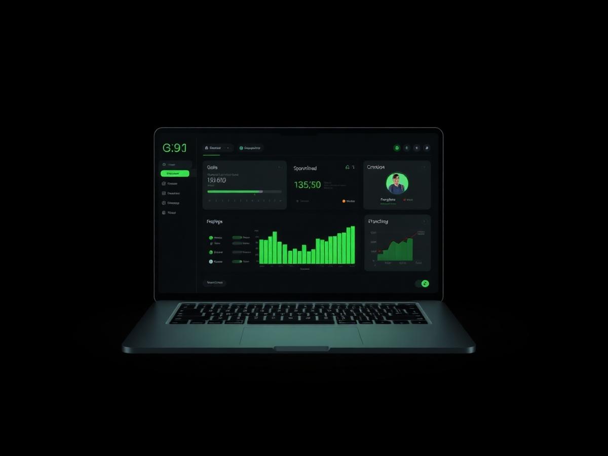Sleek dark minimalist dashboard UI on a laptop screen with emerald green accents