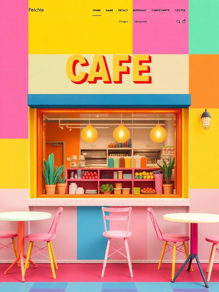 Bold colorful cafe website with large image blocks